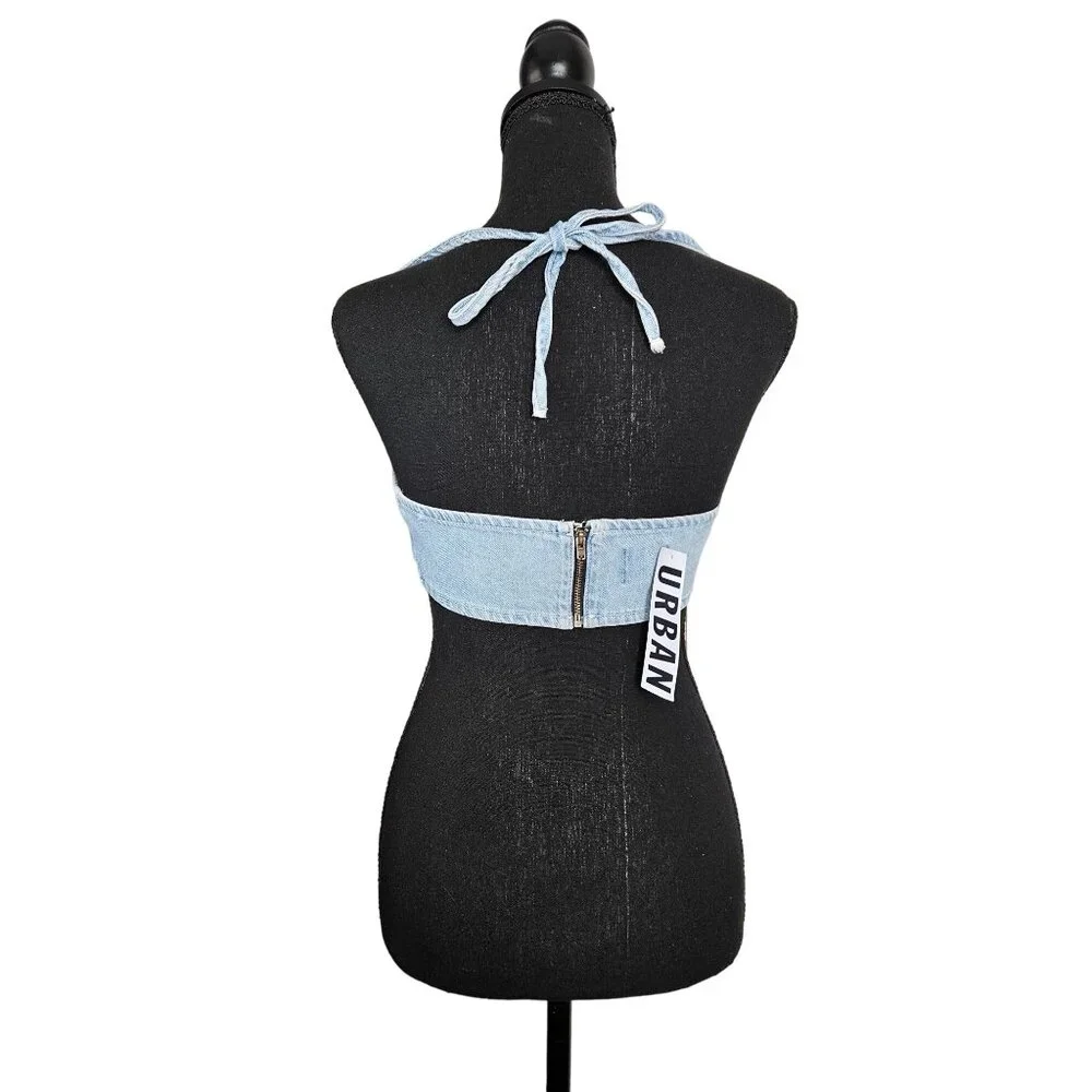 BDG Urban Outfitters XS Maggie Denim Halter Top W/ Zip Closure Light Blue - Picture 5 of 10